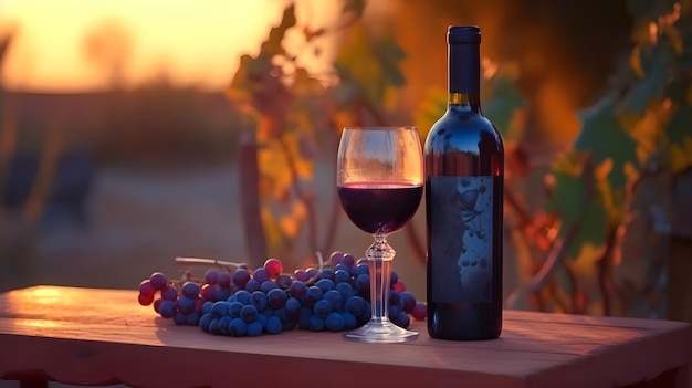 Wine bottle with wineglasses and grapes on summer sunset background ai generative