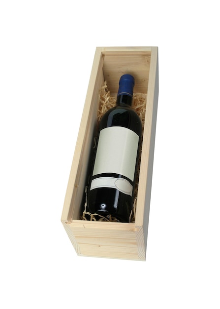 Photo wine bottle in wooden gift box