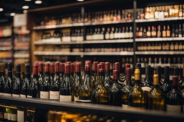 wine bottles on alcohol shelf in bar or liquor store