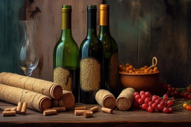 Wine bottles and corks on a rustic wooden table created with generative ai