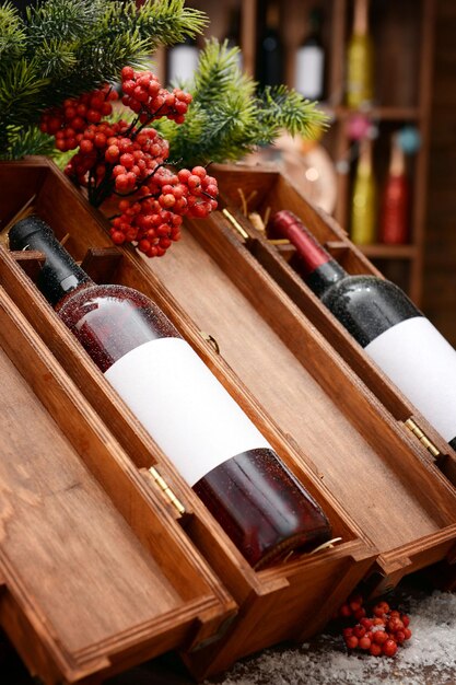 Wine bottles in decorated wooden boxes at the shop