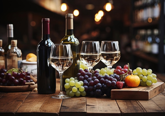 Photo wine bottles and glasses and grapes on large wooden table in winery vintage shopai generative