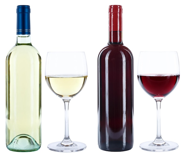 Photo wine bottles glasses wines red white isolated