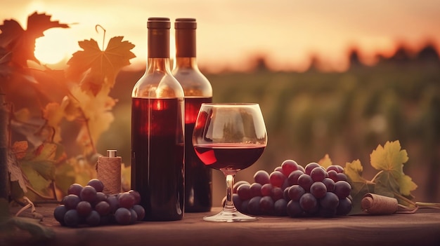 Wine bottles and grapes on a table with a grapevine in the background