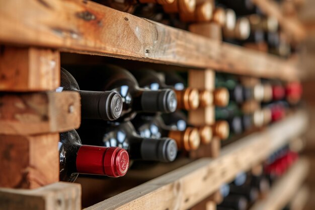 Wine bottles stacked on wooden rack in cellar