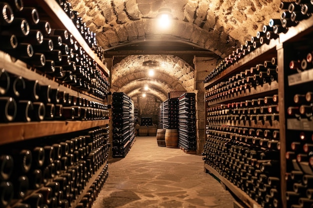 Wine cellar full of wine bottles Bottles with wine on shelf in the wine bar Alcohol concept Generati