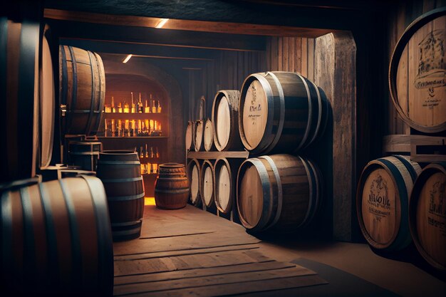 Wine cellar interior with barrels and wine bottlesgenerative ai