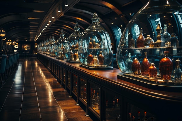 Wine cellar on a luxury cruise ship stocked with rare vintages from around the world Generative AI