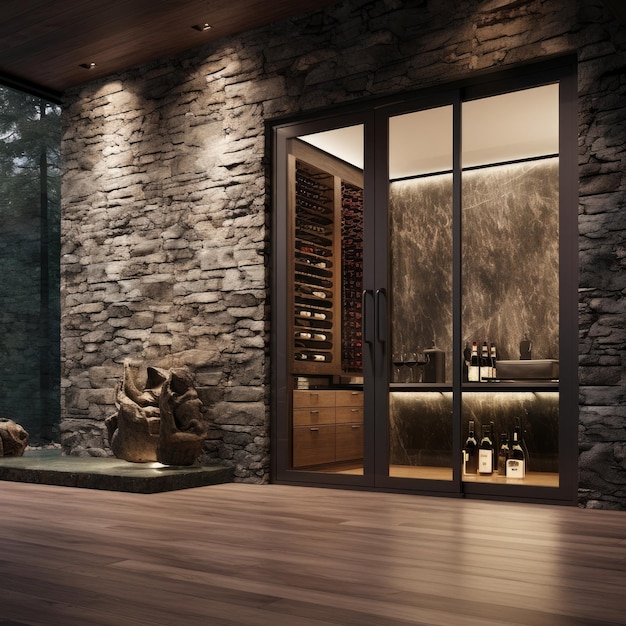 ワインセラーの部屋のガラスの入り口のドア、壁に天然石、木製の床、生成 ai