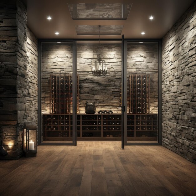 Wine cellar room glass entrance door natural stone on walls wooden floors Generative ai