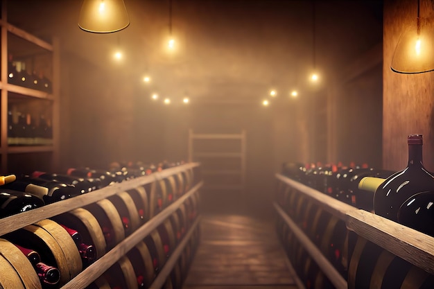 Wine cellar with bottles on wooden shelves barrels and boxes with alcoholic products with glowing lamps 3d illustration