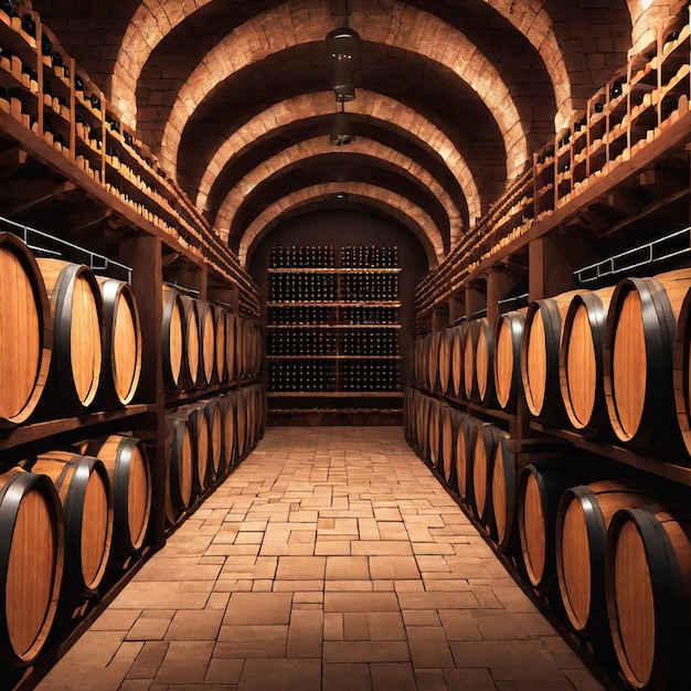 Wine cellar with wooden barrels Wine cellar interior with rows of wine bottles