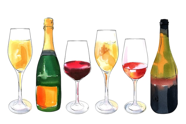 ワインとシャンパンのグラスとボトル 食品 イラスト スケッチ 水彩インク