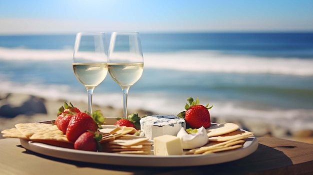 Wine and cheese on the background of the sea Festive dinner or romantic date Image generated by AI