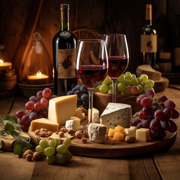 A wine and cheese platter with grapes and grapes on it.