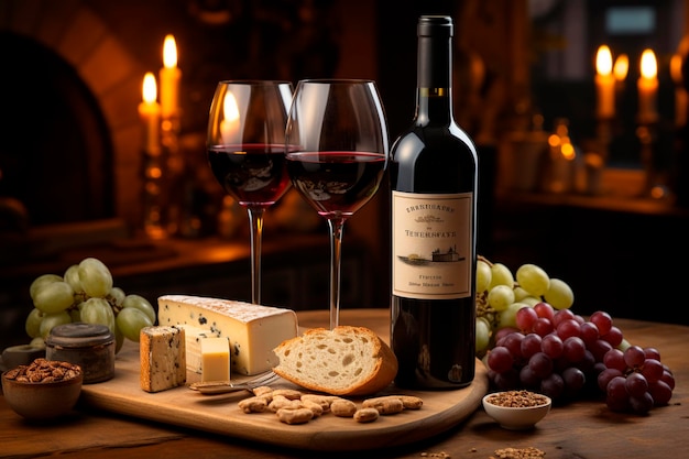 Wine and cheese on a wooden table Generative AI