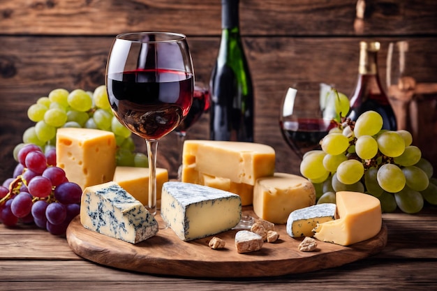 wine cheeses and grapes in a vintage setup