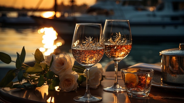 wine and cocktails on the yacht at sunset