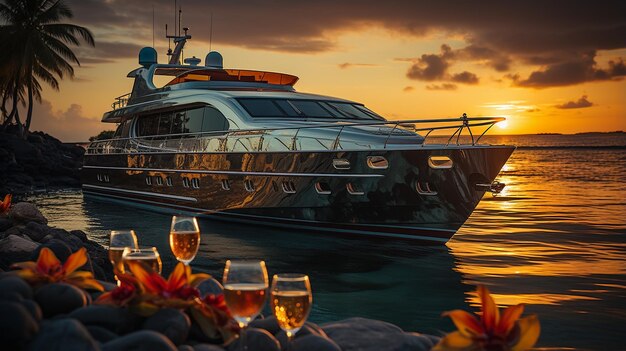 wine and cocktails on the yacht at sunset