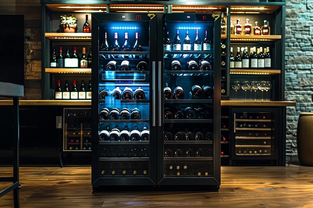 Photo a wine cooler with a blue light on the bottom