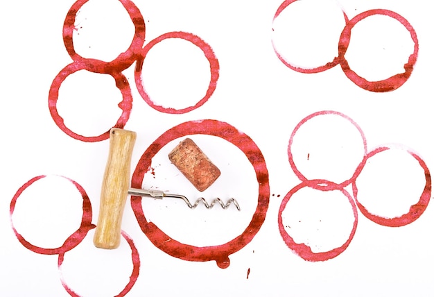 Wine cork corkscrew and round red wine stain on white table cloth