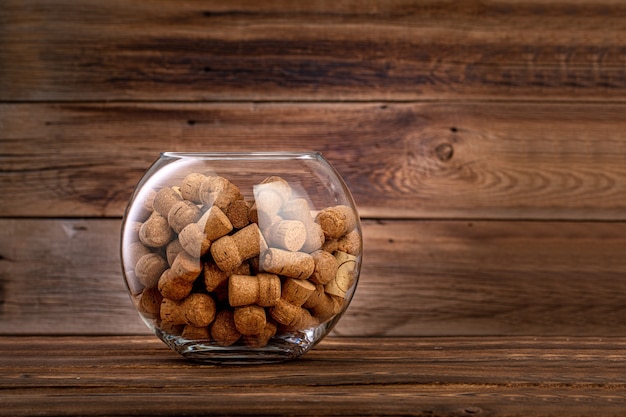 Wine corks in a glass bowl