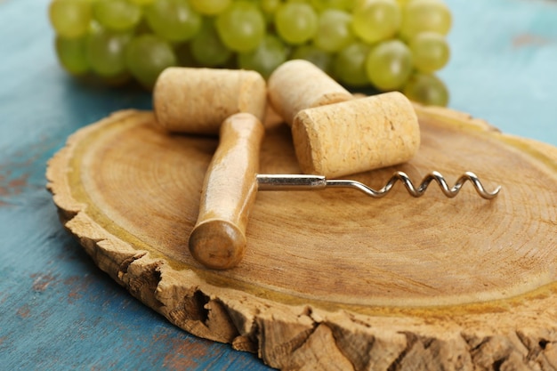 Wine corks and tailspin with bunch of grapes on wooden background