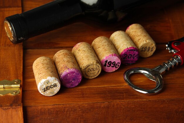 Wine corks with corkscrew on wine boxes closeup