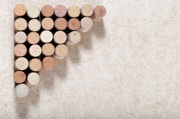 Wine crocks background horizontal. Copy space place for your text. Patterns of used wine stoppers. Assorted corks of white wine.