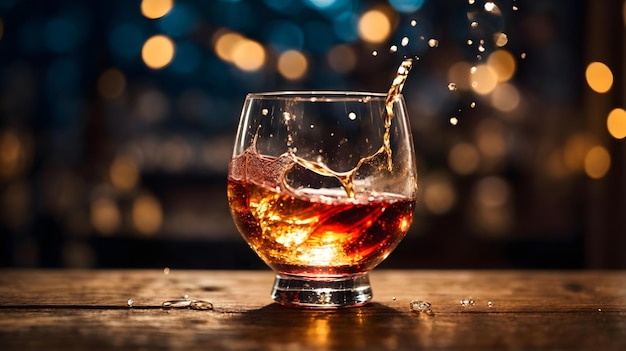 A Wine filled glass splash on the wooden table with bokeh lights background copy space