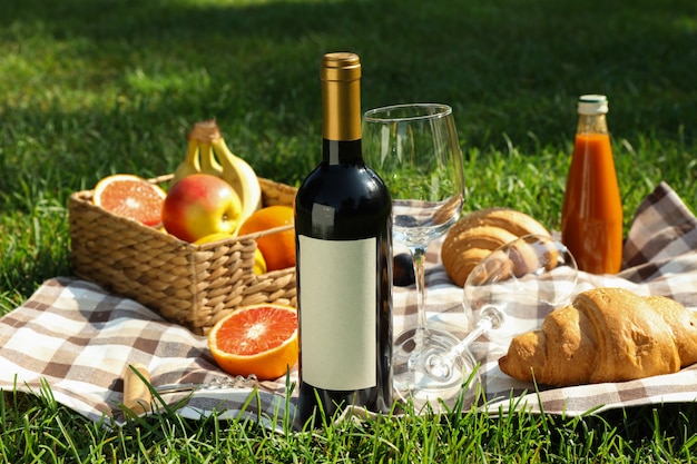 wine and food against green grass
