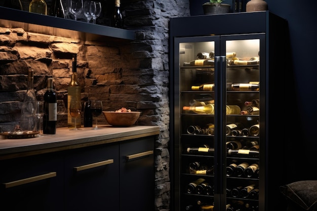 環境照明の暗い背景のワイン冷蔵庫