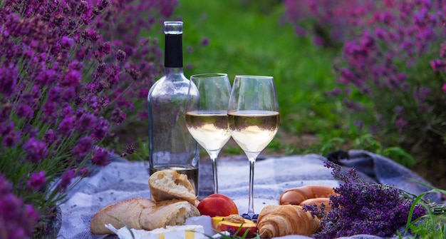 ラベンダー畑でワイン フルーツ ベリー チーズ グラス ピクニック セレクティブ フォーカス