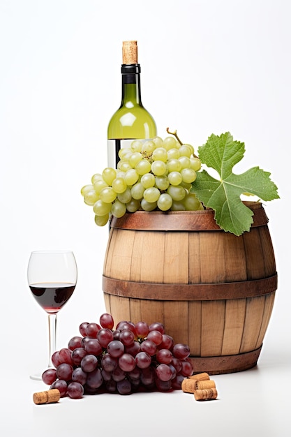 wine glass bottle barrel and grapes fruit on white background