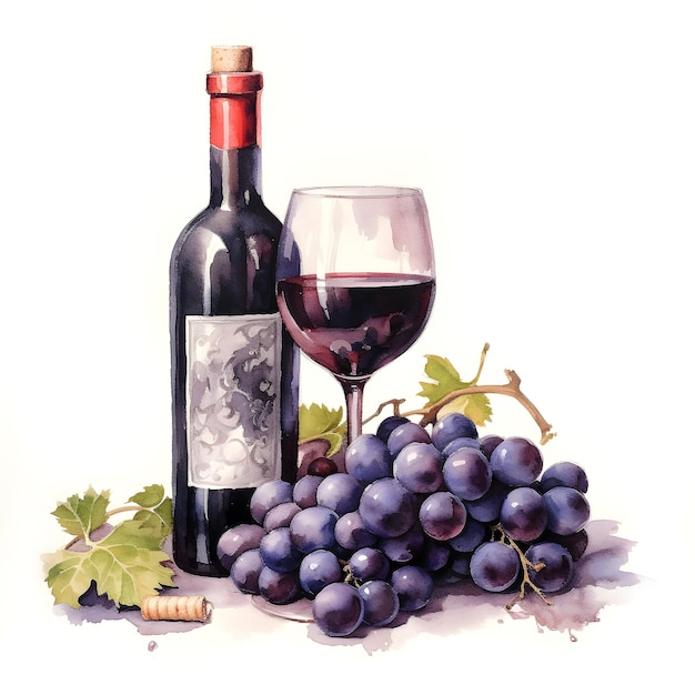 ブドウの葉とブドウの実と水彩スタイルの赤ワインのワイングラスボトル