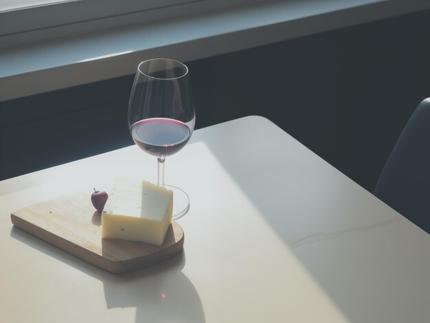 Photo wine glass and cheese with fruit in light and shadow mood tone