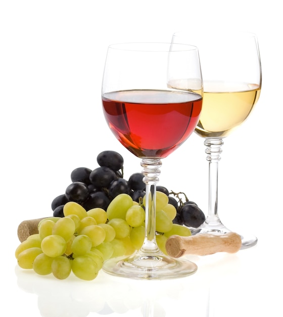 Wine in glass and grape fruit isolated on white background