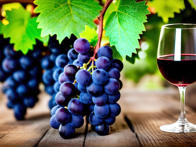 Wine glass and grapes on vineyard background