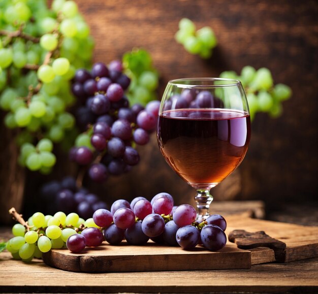 Wine glass and grapes on a wooden background Selective focus