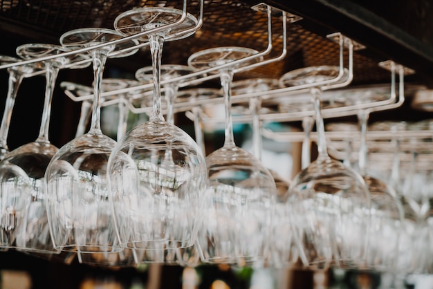 wine glass hanging on shelf