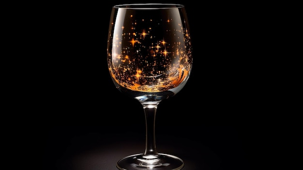 The wine glass sparkles and shimmers with a magical starry glow inside