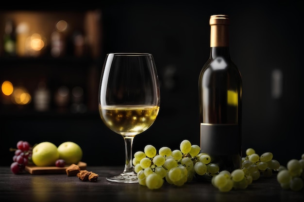 Wine glass of white wine wine bottle and grapes on black background Commercial promotional photo