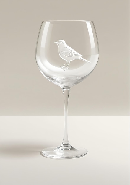 A Wine Glass With A Bird Etched On The Side Isolated On A White Background