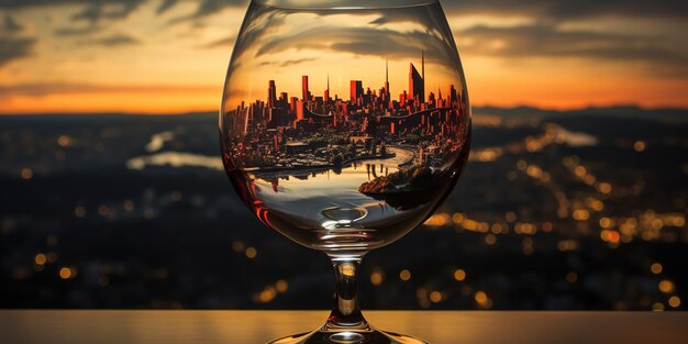 A wine glass with a city in the middle of it
