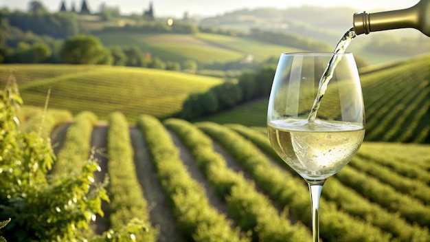 Wine glass with pouring white wine and vineyard landscape in sunny day