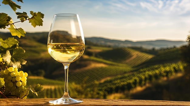 Wine glass with pouring white wine and vineyard landscape in sunny day