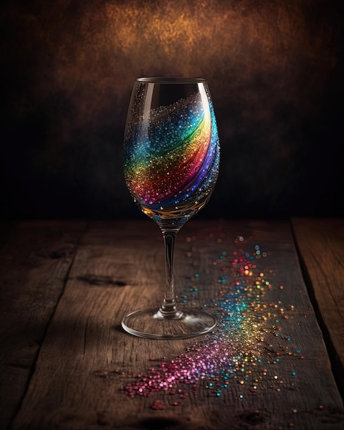 A wine glass with a rainbow on it next to a rainbow of glitter.