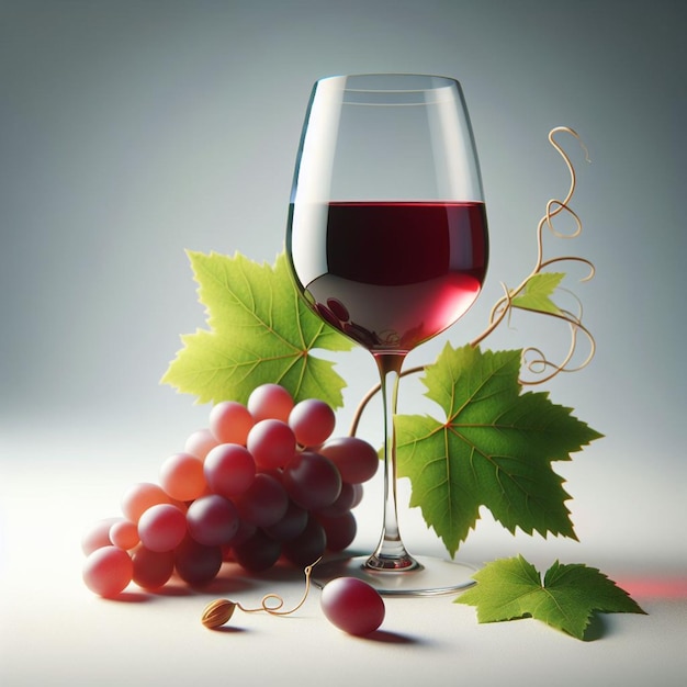 A wine glass with vines and grapes and wooden furnishings on white background