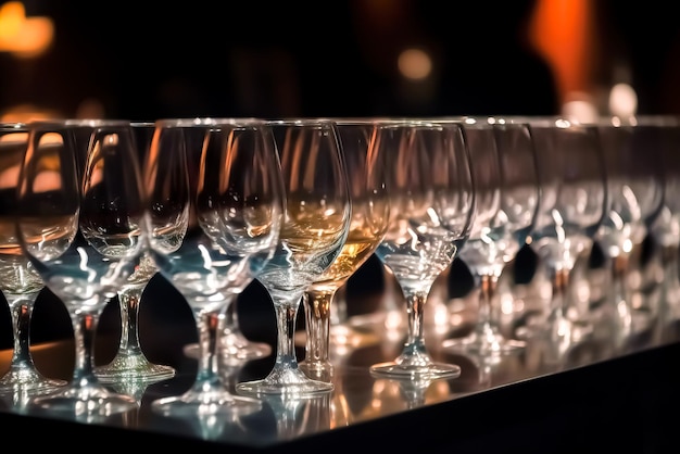 Wine glasses on a bar counter in a restaurant Selective focus Generative AI