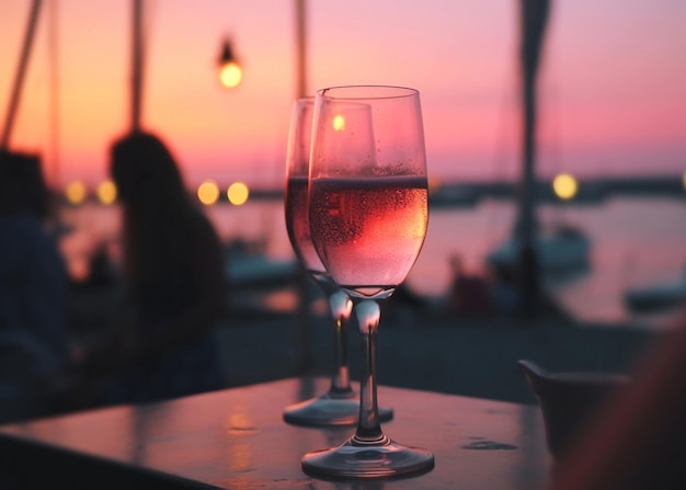 Wine glasses on a bar with a sunset in the background